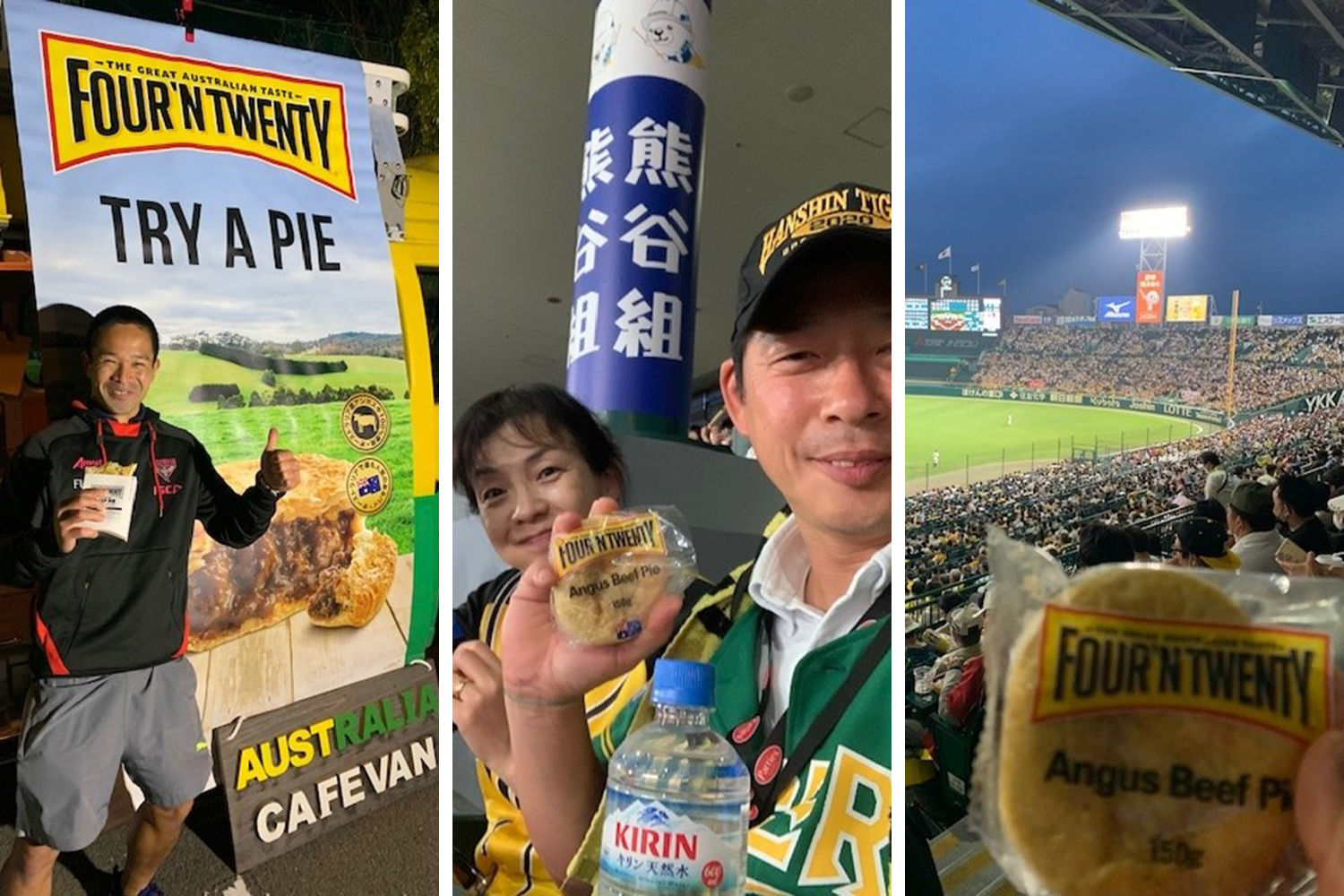 Japanese baseball fans at a baseball game holding meat pies