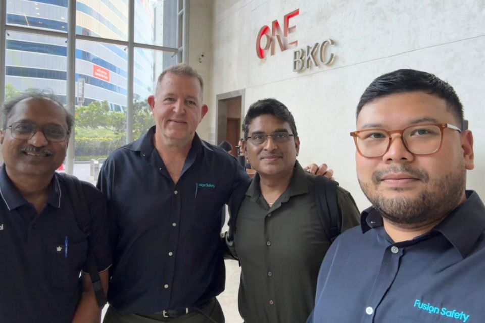 Fusion Safety and its Indian partner NIST are committed to improving workplace health and safety in India. L-R: Robert Chettiar, Craig Docherty, Lawrence Andoni and Nabil Zainol.