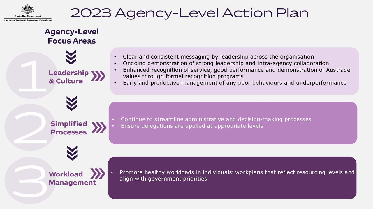 The action plan highlights areas of focus as identified by Austrade personnel during the 2023 APS Census
