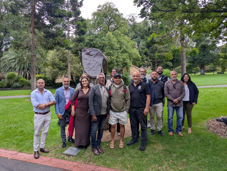 Members of the First Nations Visitor Economy Partnership gathering around a Scarred Tree in Fitzroy Gardens, Melbourne.on 18th March 2026.   