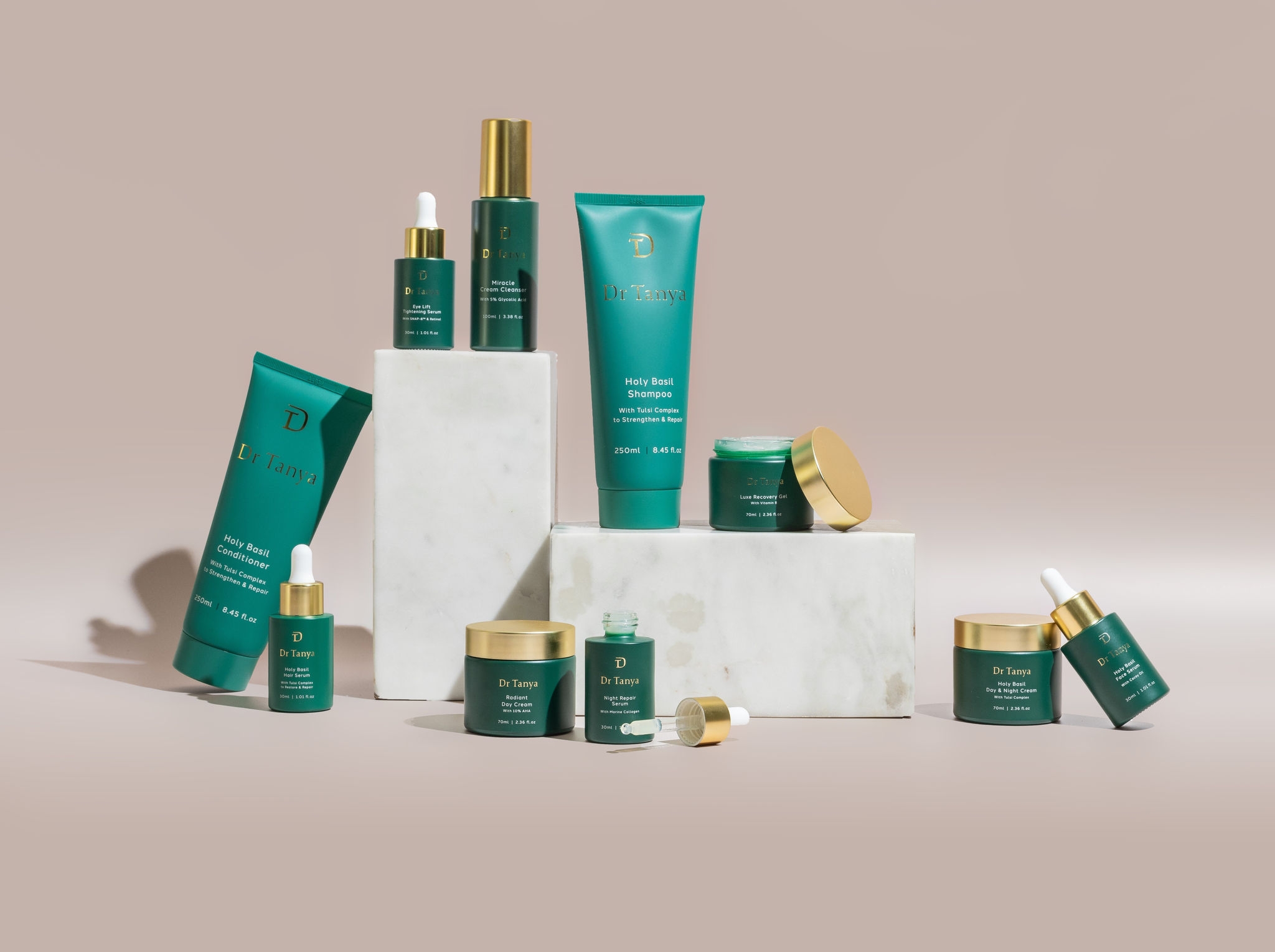 Dr Tanya's skincare range - presented on a neutral background.