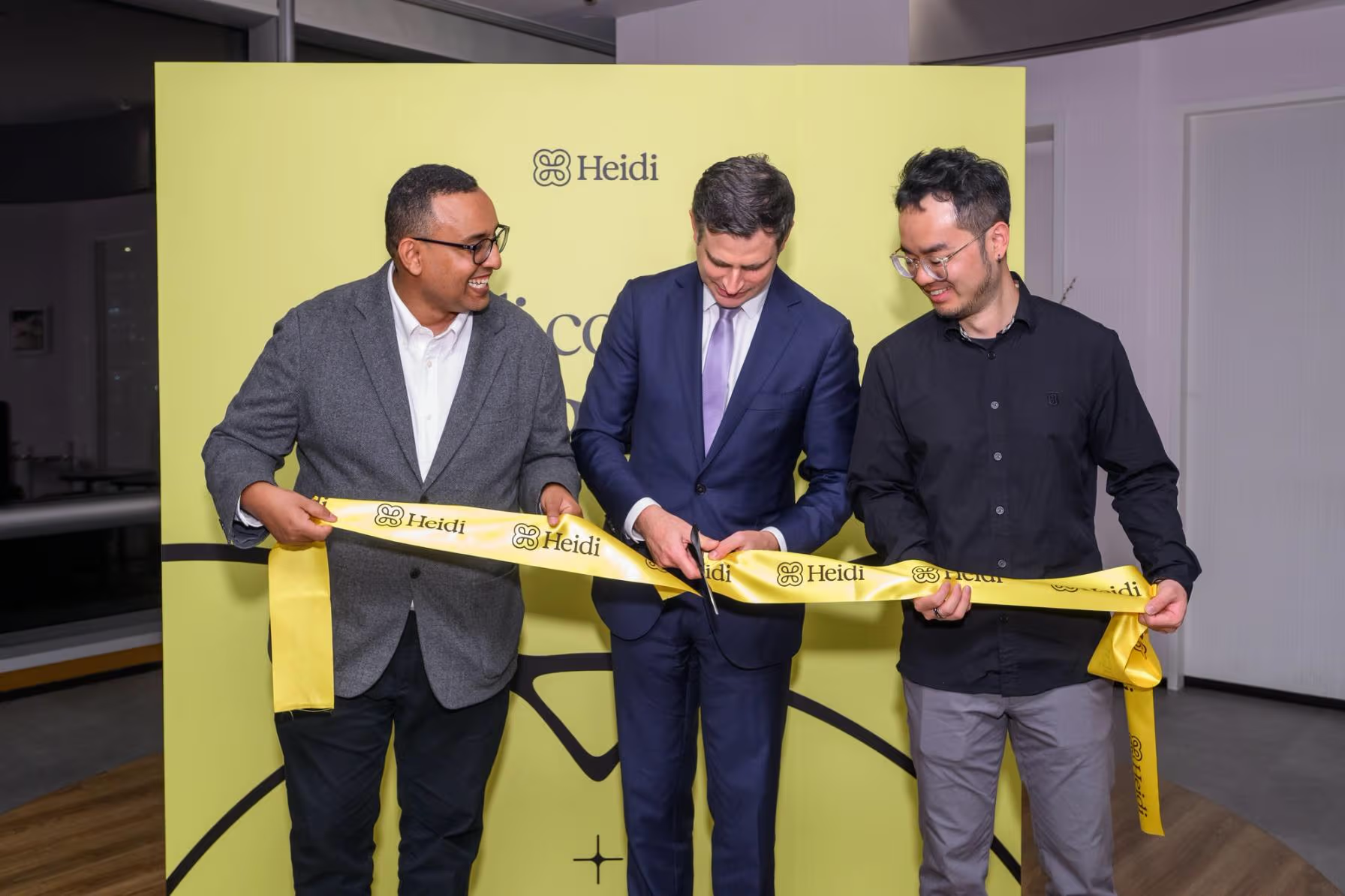 Heidi’s founders Waleed Mussa (right) and Yu Liu (left) and Australian Consul-General to Hong Kong Gareth Williams (middle) at Heidi’s official Hong Kong launch in late 2025.