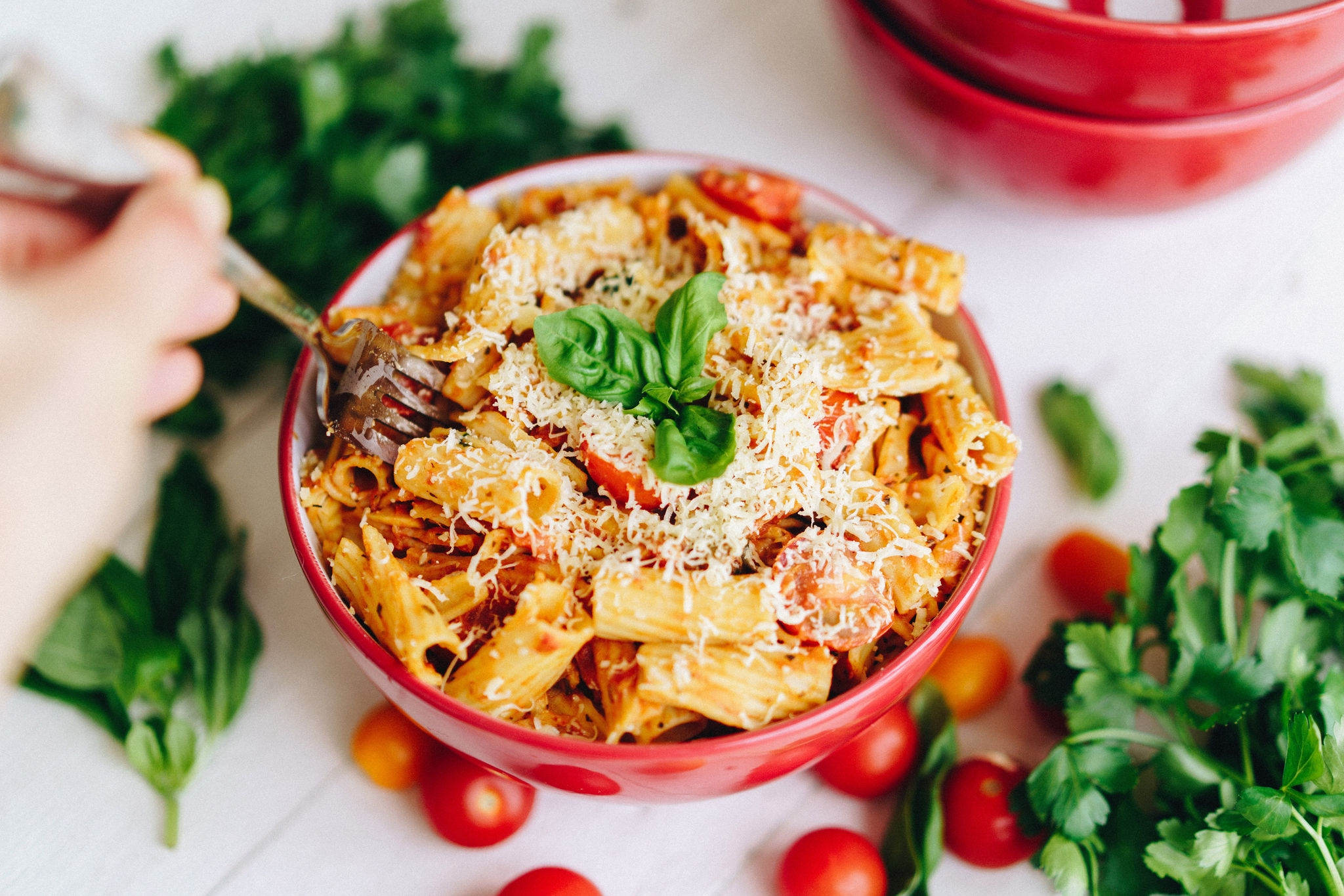 A bowl of pasta.