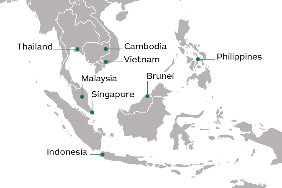 Map showing International Deal Teams locations across Southeast Asia. Marked on the map are where teams will be based. These are in major cities in Brunei, Cambodia, Indonesia, Malaysia, Philippines, Singapore, Thailand and Vietnam.