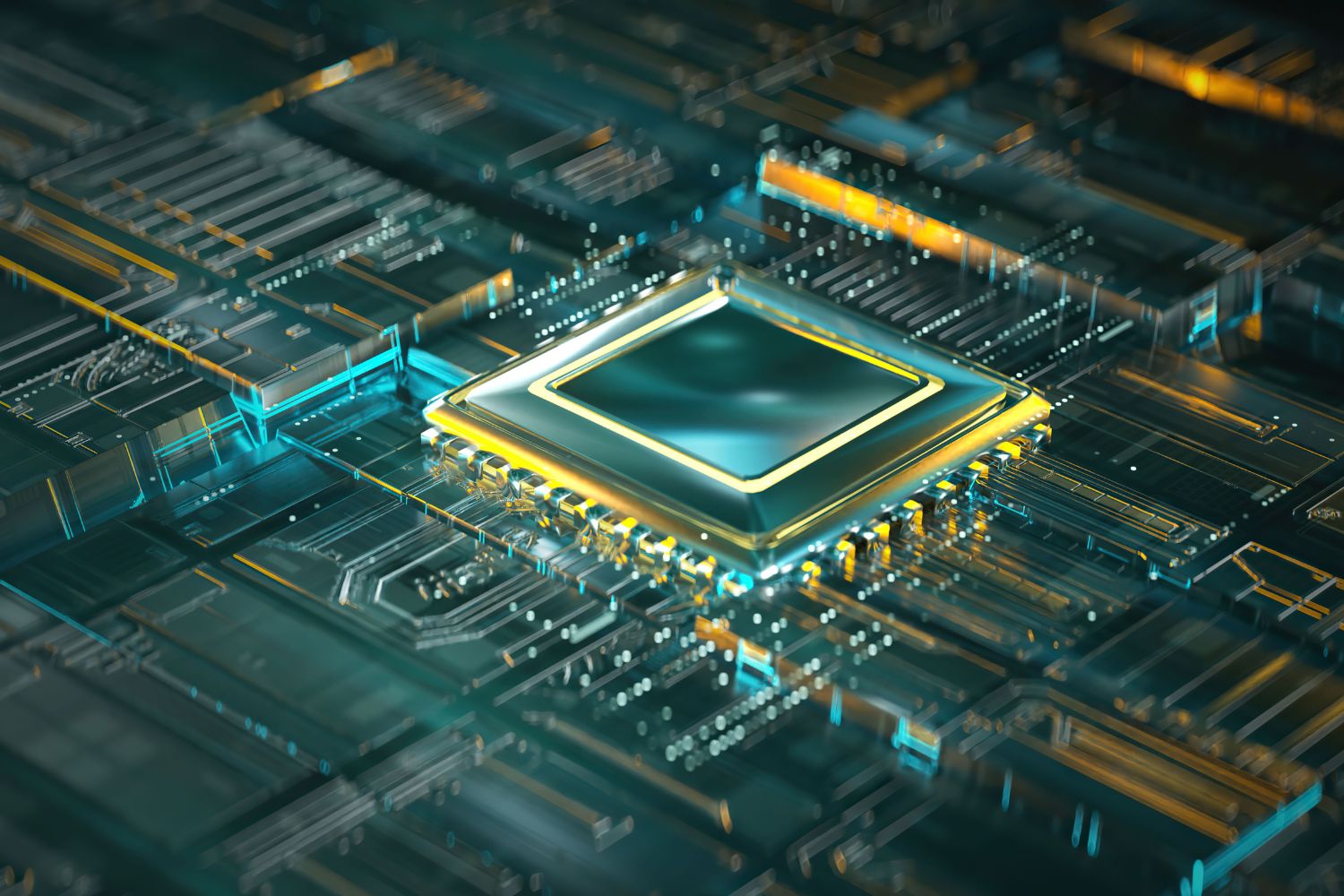 A futuristic green circuit board with a square microchip in the centre.