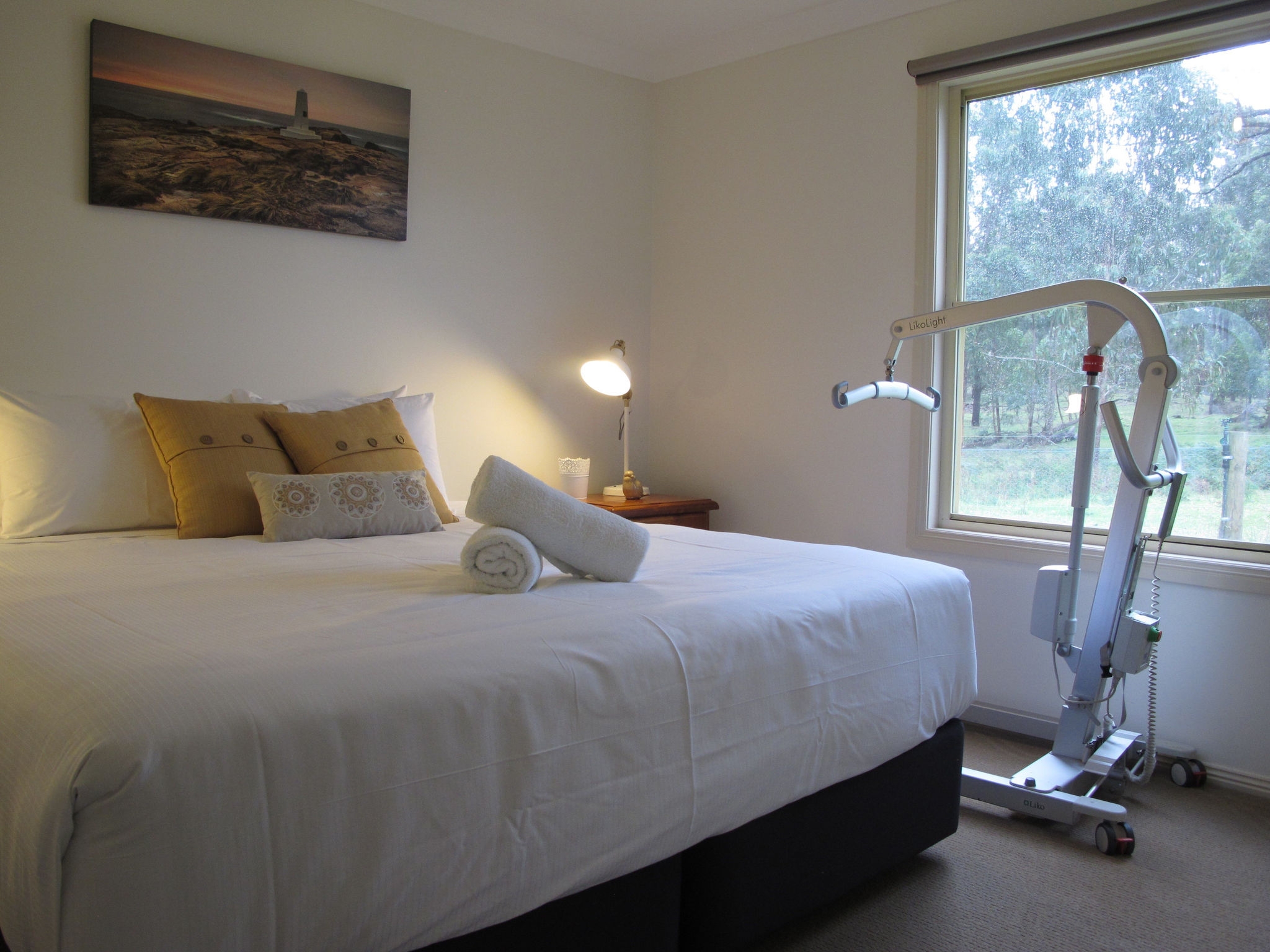 A large bed with a mobile hoist next to it. 