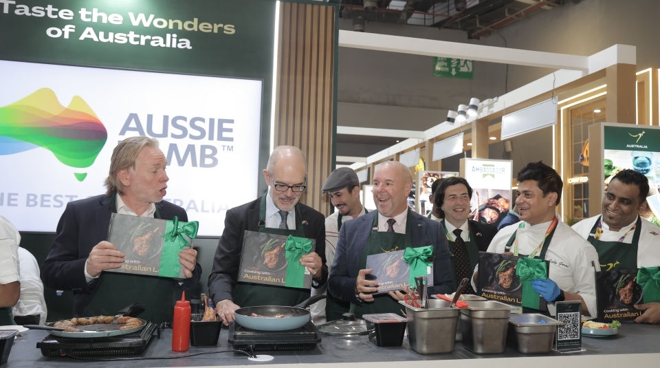 Cooking lamb at the Austrade Pavilion at AAHAR.