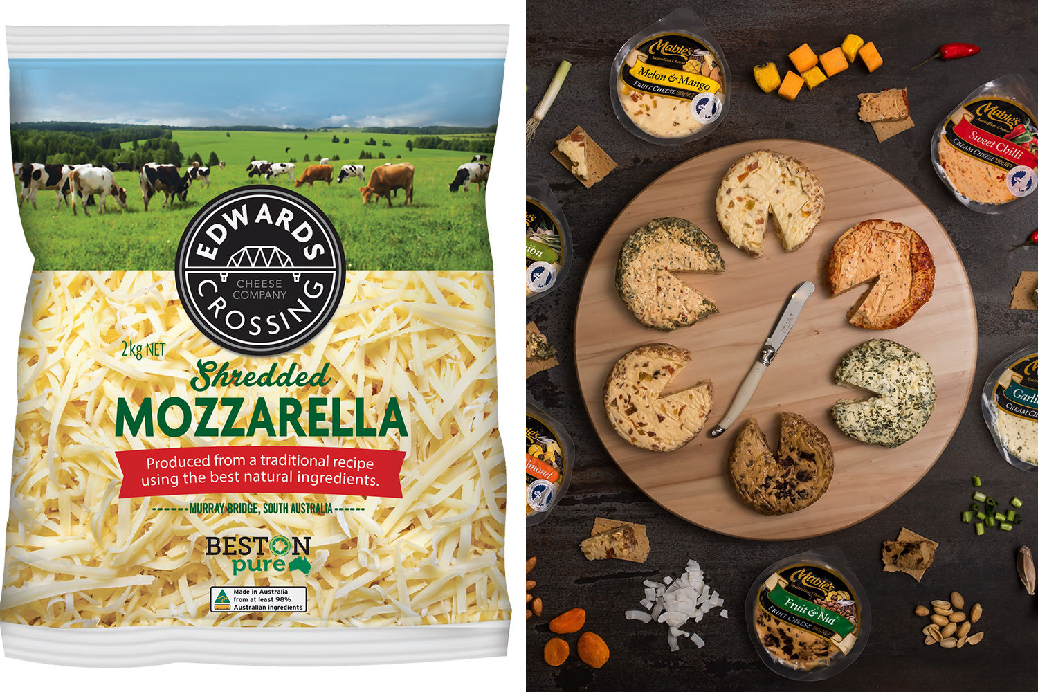 Packet of shredded mozzarella and gourmet cheese board
