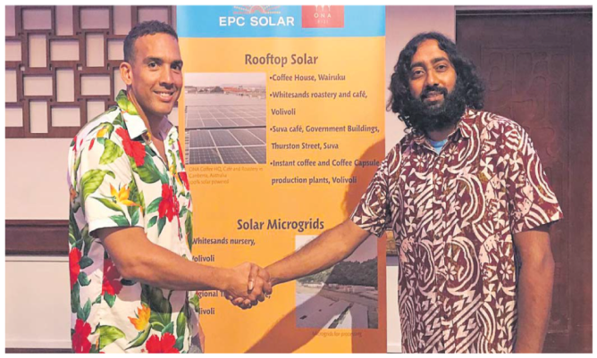 EPC Solar Commercial Manager Lucas Sena, left, and ONA Fiji director Maheer Prasad at the MoU signing.